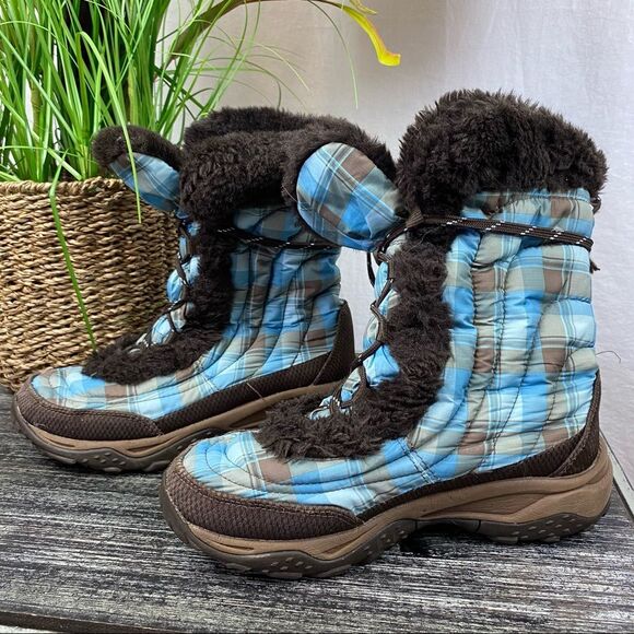 The North Face Nuptse Blue & Brown Plaid Fur Trim Lace Up Winter & Rain Boots 6 - Picture 1 of 7